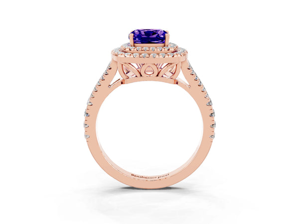 Rose gold Cushion Cut Tanzanite Double Halo Ring with Pavé Band and Prong Setting