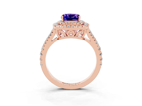 Rose gold Cushion Cut Tanzanite Double Halo Ring with Pavé Band and Prong Setting_15