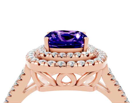 Rose gold Cushion Cut Tanzanite Double Halo Ring with Pavé Band and Prong Setting_16