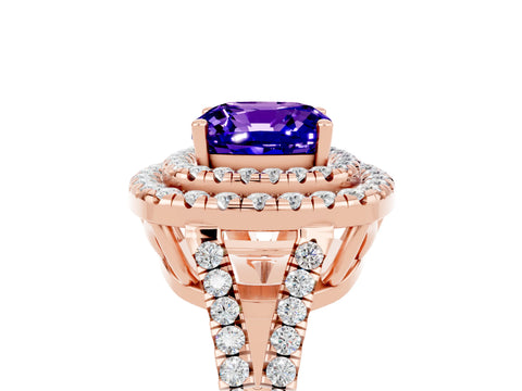 Rose gold Cushion Cut Tanzanite Double Halo Ring with Pavé Band and Prong Setting_17