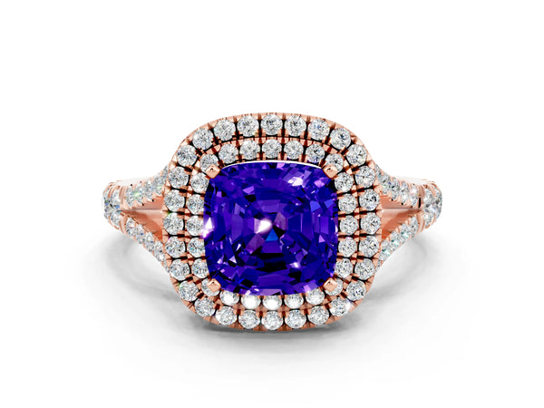 Rose gold Cushion Cut Tanzanite Double Halo Ring with Split Shank and Prong Setting