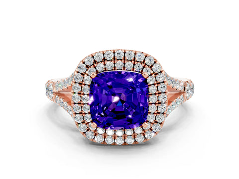 Rose gold Cushion Cut Tanzanite Double Halo Ring with Split Shank and Prong Setting_12