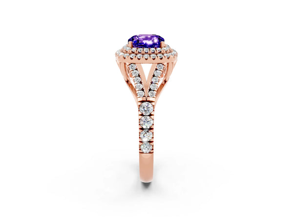 Rose gold Cushion Cut Tanzanite Double Halo Ring with Split Shank and Prong Setting