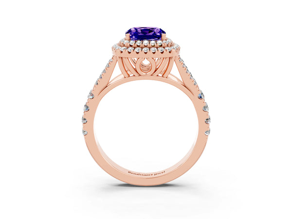 Rose gold Cushion Cut Tanzanite Double Halo Ring with Split Shank and Prong Setting