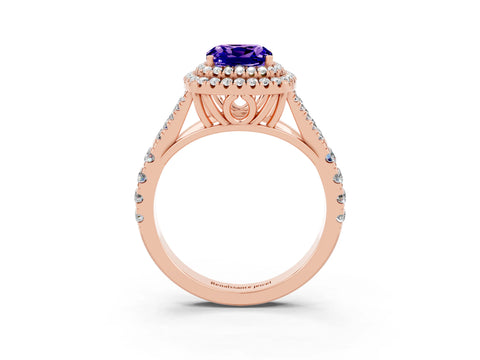 Rose gold Cushion Cut Tanzanite Double Halo Ring with Split Shank and Prong Setting_15