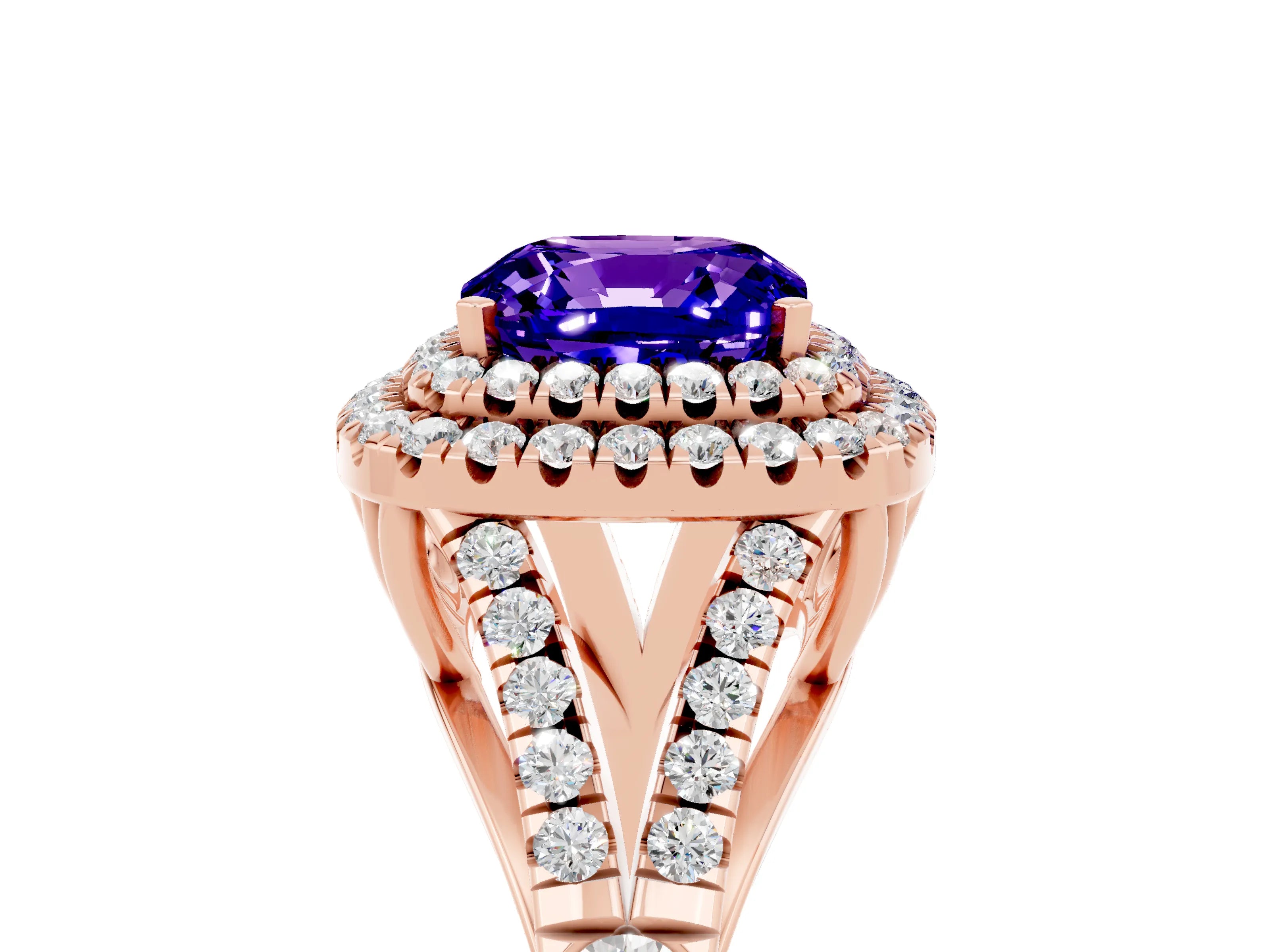 Rose gold Cushion Cut Tanzanite Double Halo Ring with Split Shank and Prong Setting_17