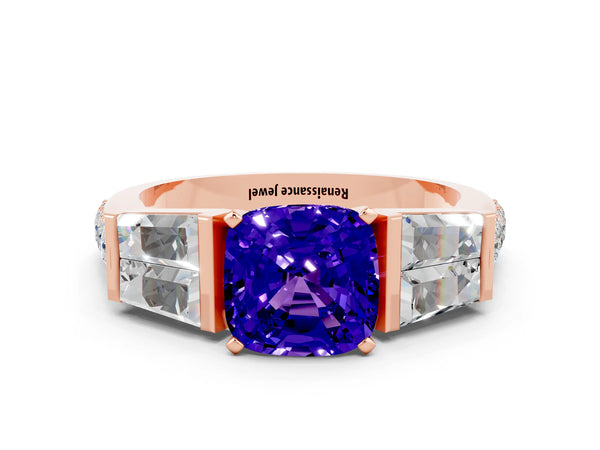 Rose gold Cushion Cut Tanzanite Engagement Ring with Baguette Side Stones and Channel Set Band