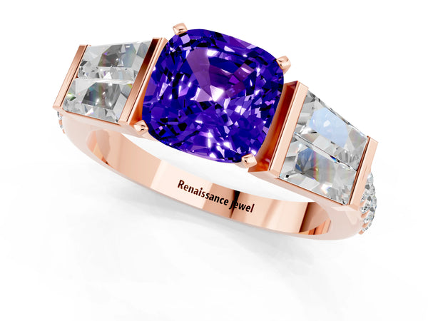 Rose gold Cushion Cut Tanzanite Engagement Ring with Baguette Side Stones and Channel Set Band