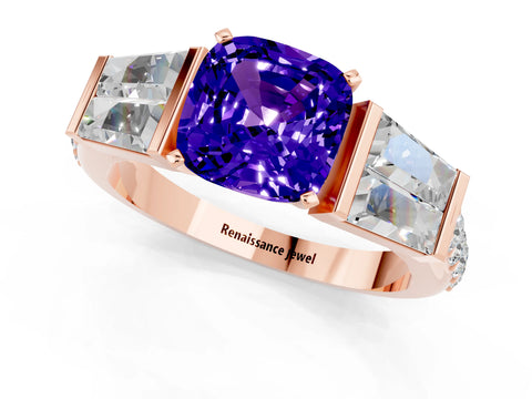Rose gold Cushion Cut Tanzanite Engagement Ring with Baguette Side Stones and Channel Set Band_1
