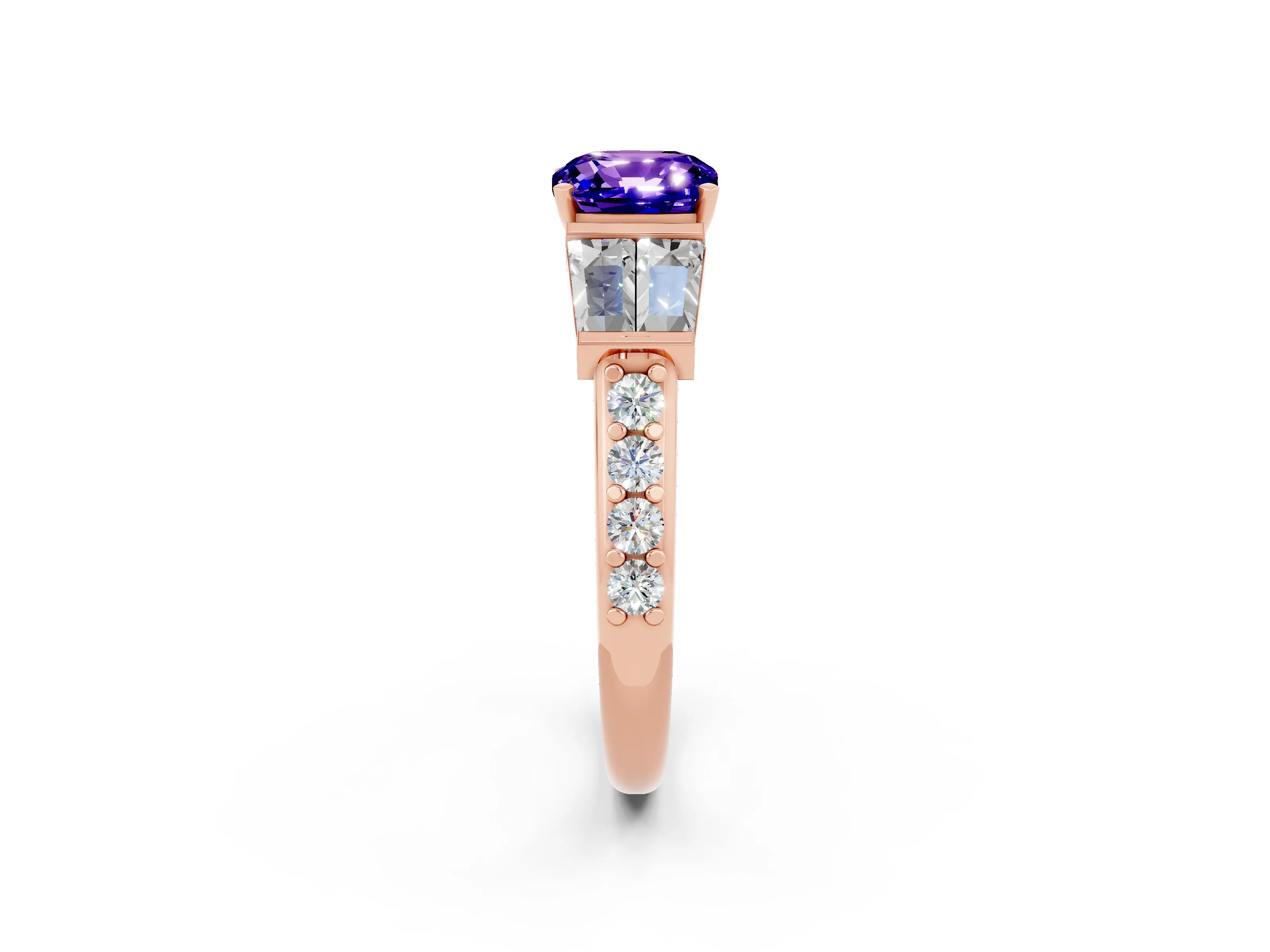 Rose gold Cushion Cut Tanzanite Engagement Ring with Baguette Side Stones and Channel Set Band_2