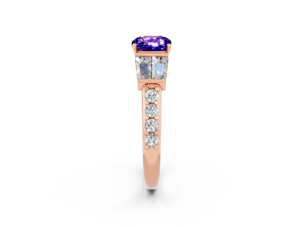 Rose gold Cushion Cut Tanzanite Engagement Ring with Baguette Side Stones and Channel Set Band