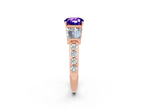Rose gold Cushion Cut Tanzanite Engagement Ring with Baguette Side Stones and Channel Set Band_2