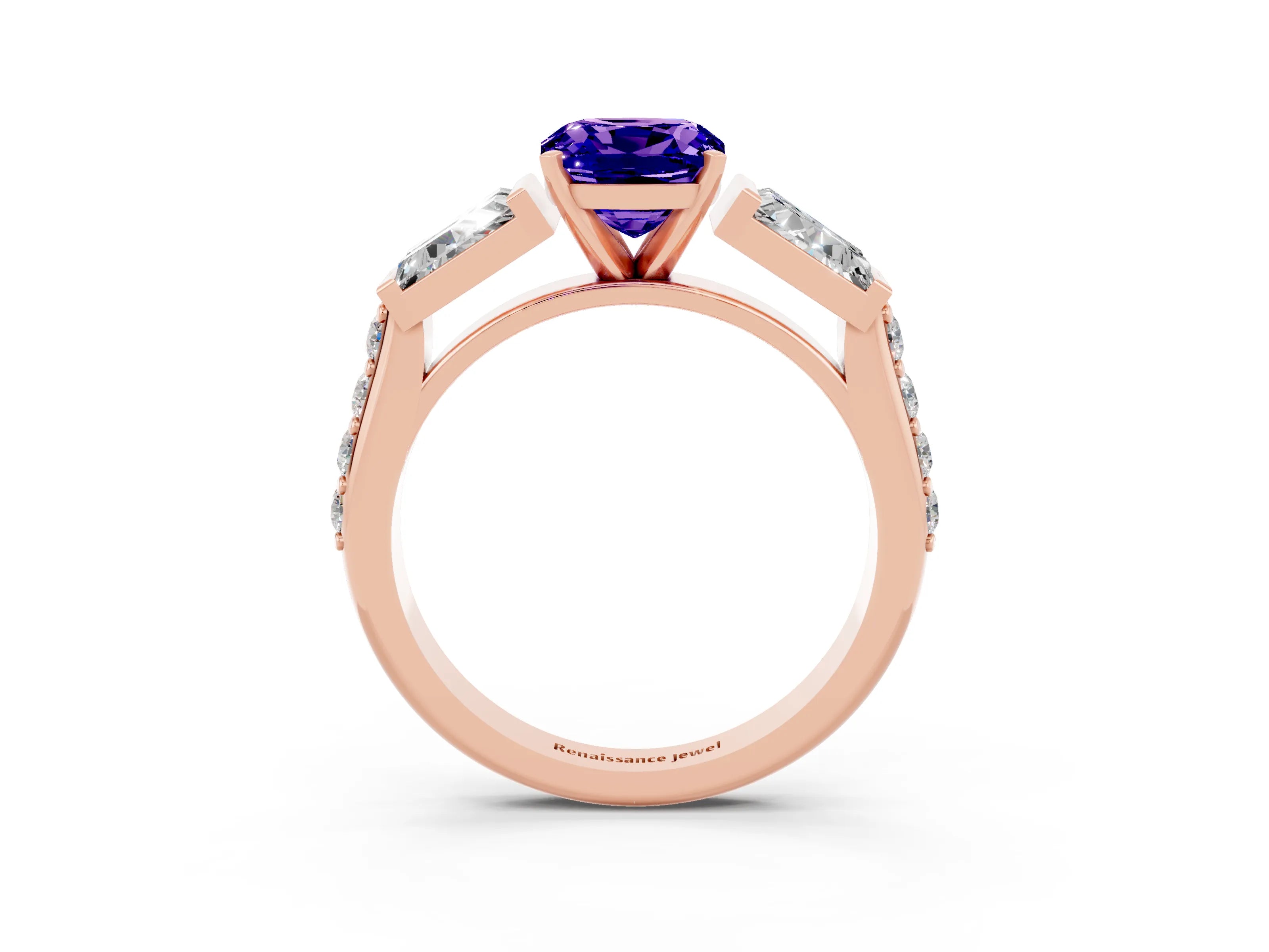 Rose gold Cushion Cut Tanzanite Engagement Ring with Baguette Side Stones and Channel Set Band_3