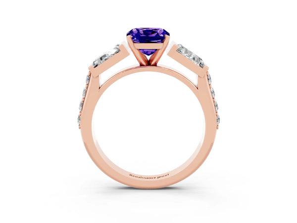 Rose gold Cushion Cut Tanzanite Engagement Ring with Baguette Side Stones and Channel Set Band