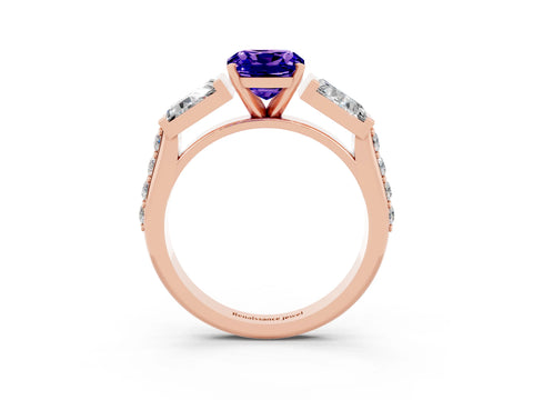 Rose gold Cushion Cut Tanzanite Engagement Ring with Baguette Side Stones and Channel Set Band_3