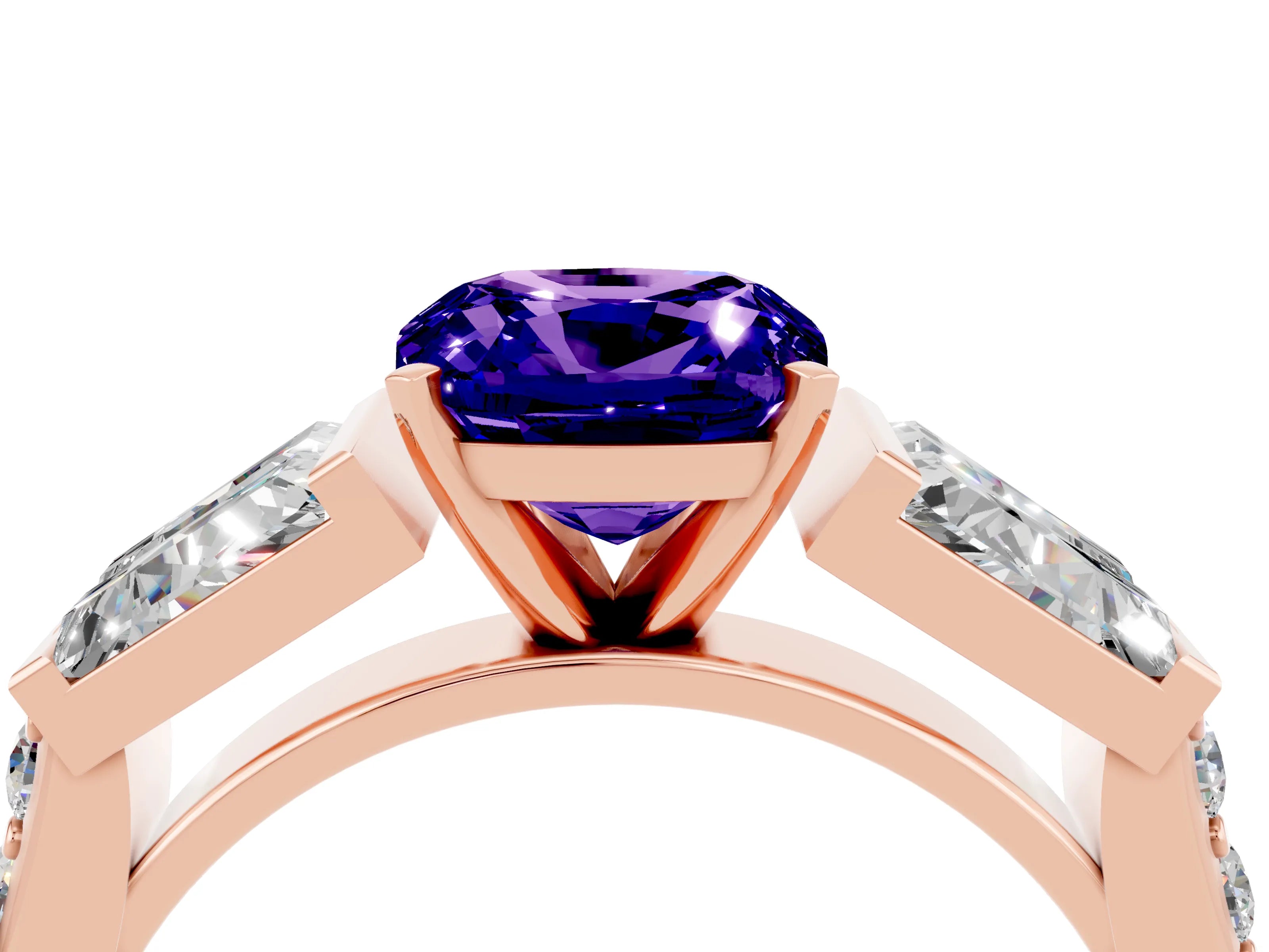 Rose gold Cushion Cut Tanzanite Engagement Ring with Baguette Side Stones and Channel Set Band_4