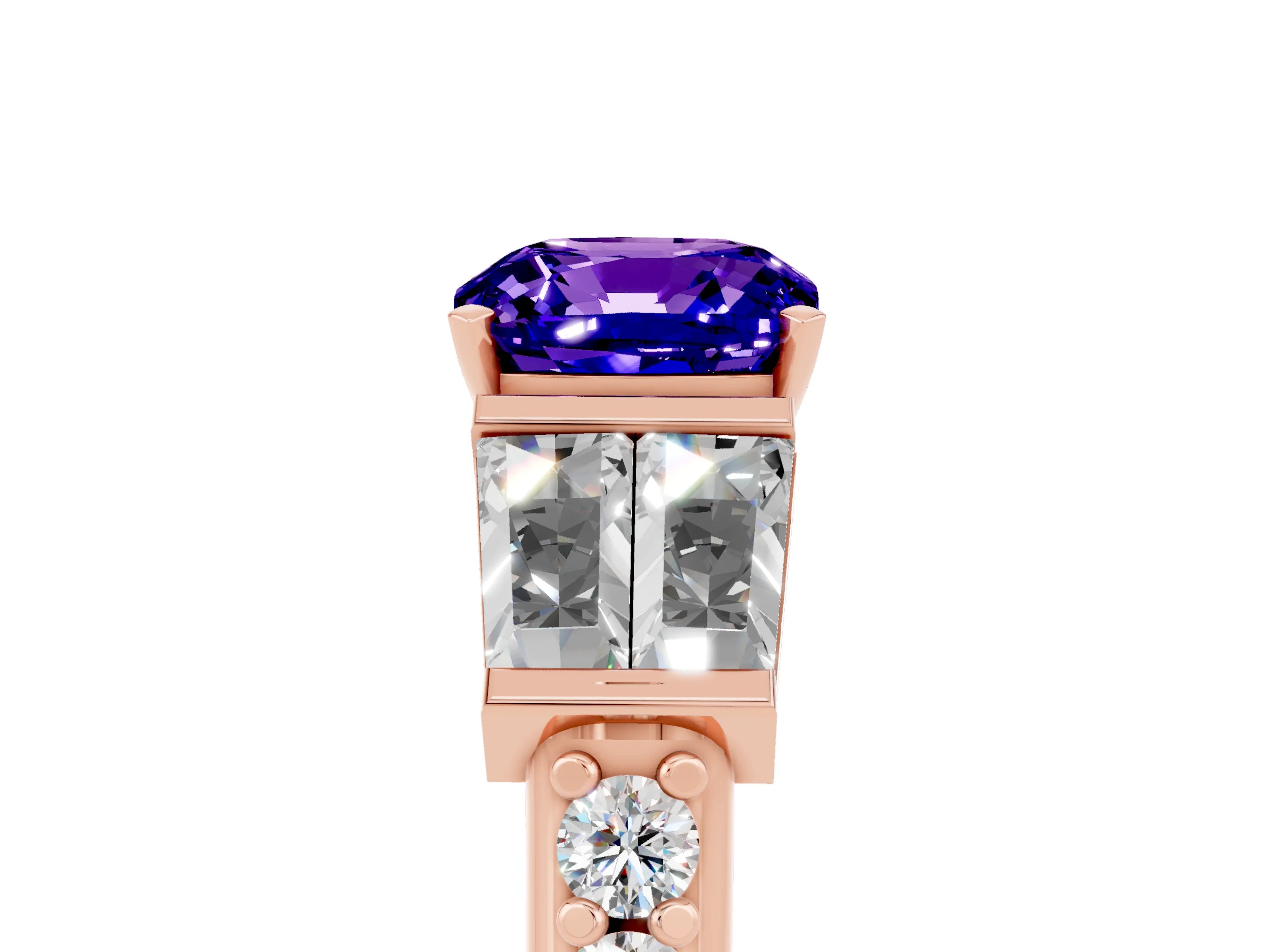 Rose gold Cushion Cut Tanzanite Engagement Ring with Baguette Side Stones and Channel Set Band_5