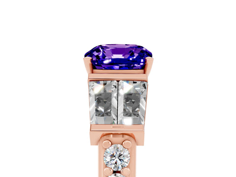 Rose gold Cushion Cut Tanzanite Engagement Ring with Baguette Side Stones and Channel Set Band_5