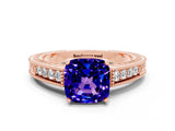 Rose gold Cushion Cut Tanzanite Engagement Ring with Milgrain Channel Set Band and Prong Setting