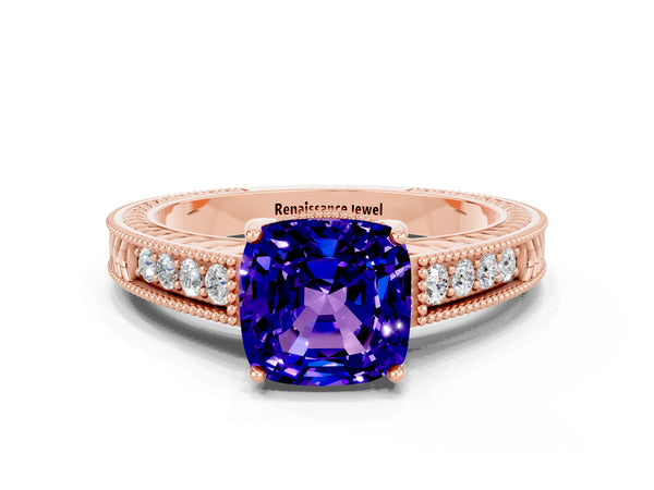 Rose gold Cushion Cut Tanzanite Engagement Ring with Milgrain Channel Set Band and Prong Setting