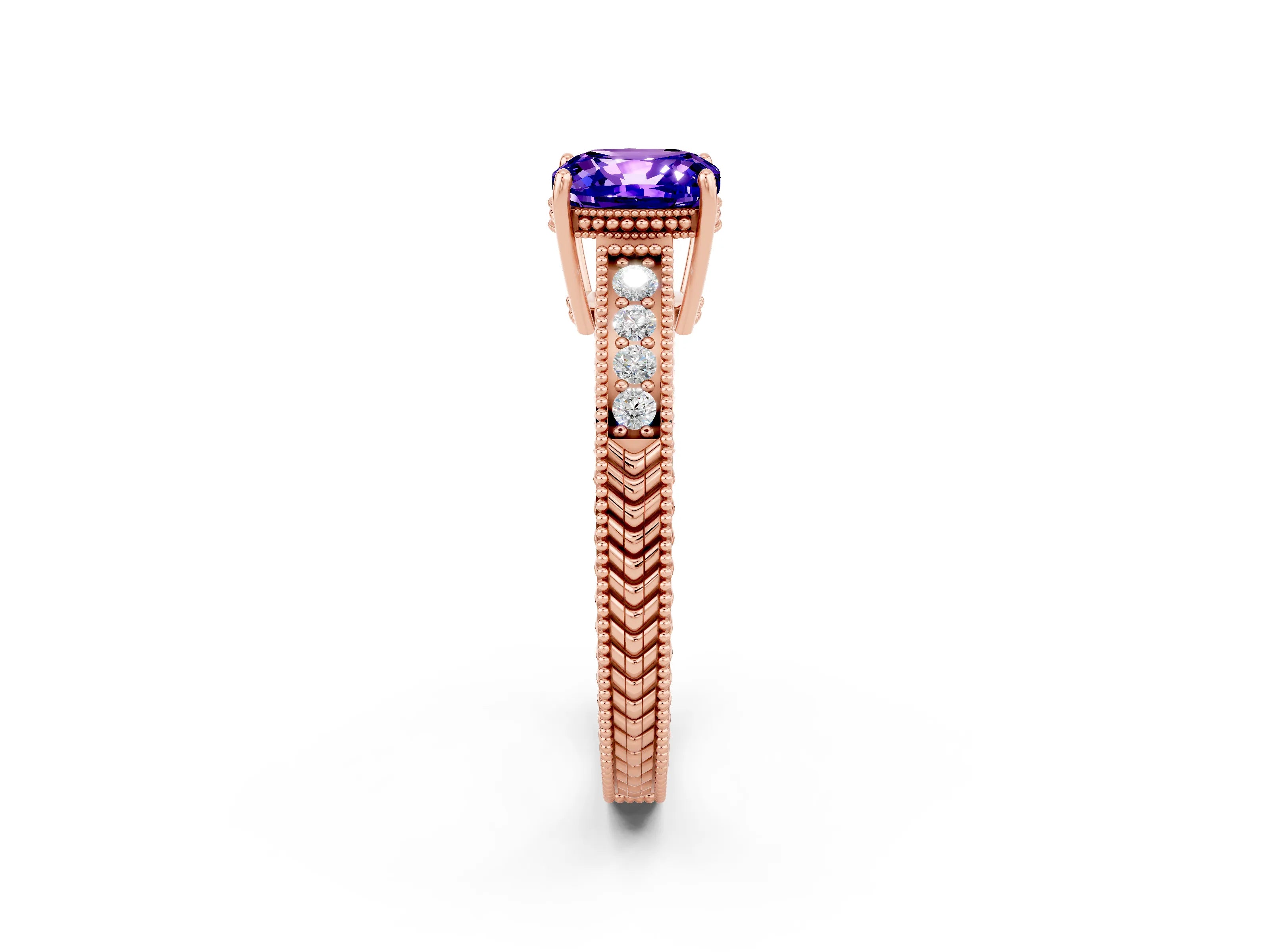 Rose gold Cushion Cut Tanzanite Engagement Ring with Milgrain Channel Set Band and Prong Setting_2