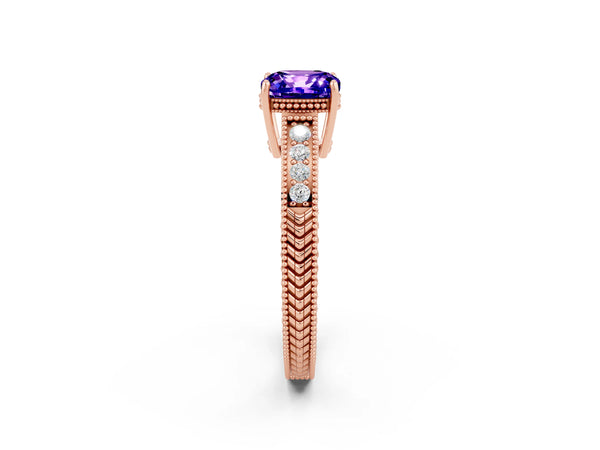 Rose gold Cushion Cut Tanzanite Engagement Ring with Milgrain Channel Set Band and Prong Setting