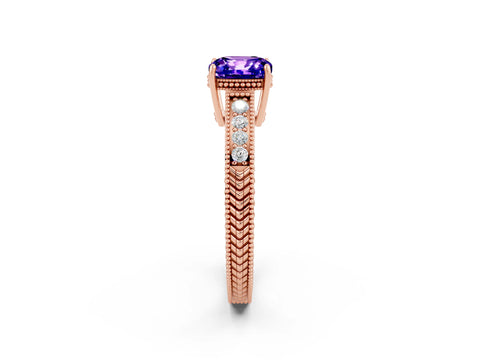 Rose gold Cushion Cut Tanzanite Engagement Ring with Milgrain Channel Set Band and Prong Setting_2