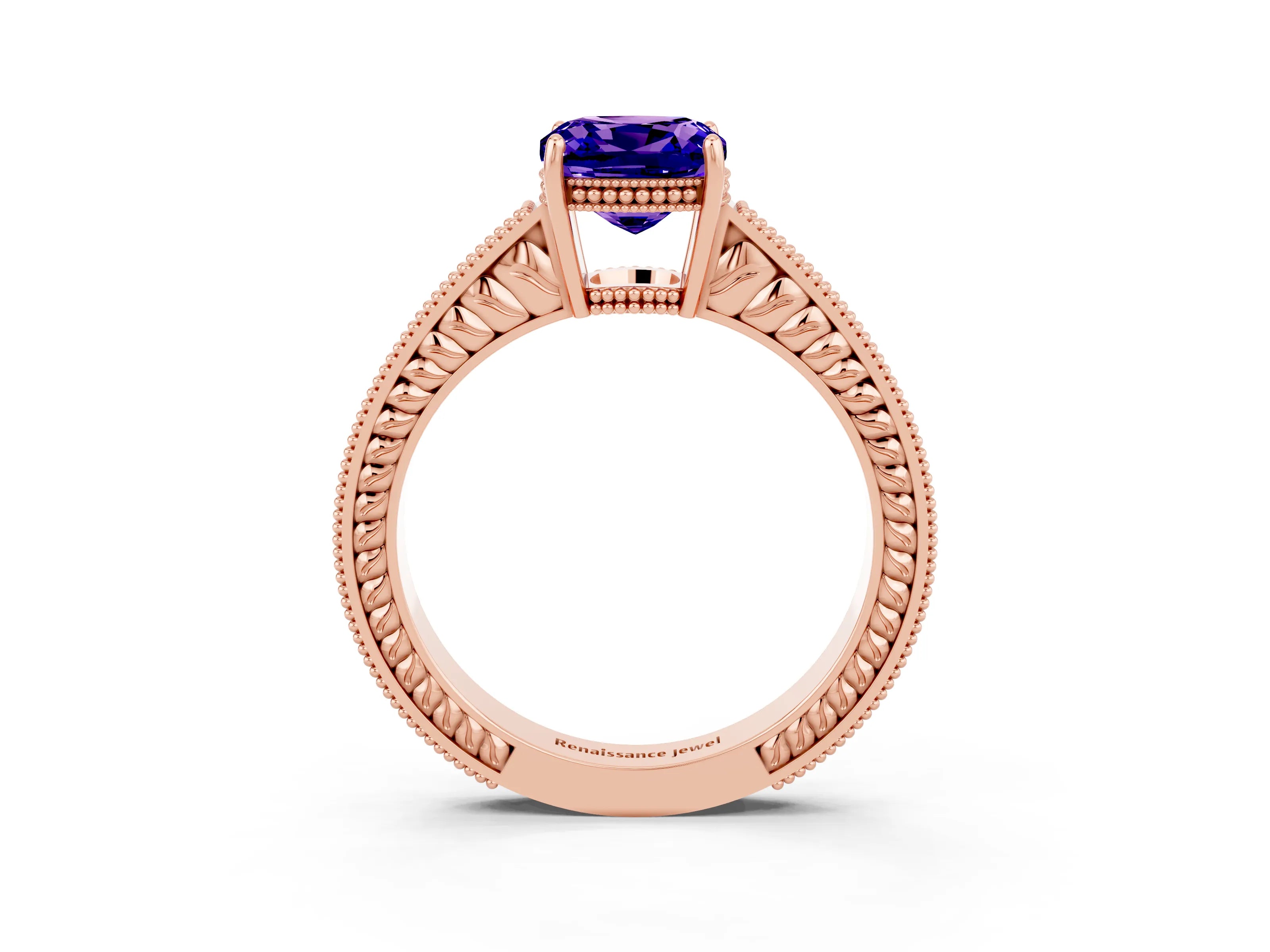 Rose gold Cushion Cut Tanzanite Engagement Ring with Milgrain Channel Set Band and Prong Setting_3