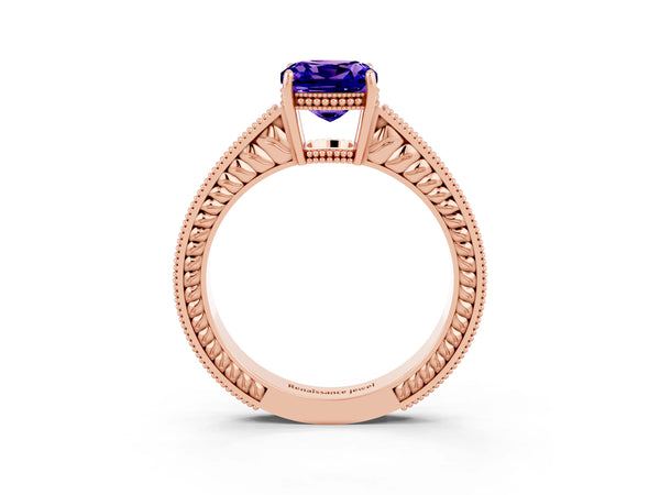 Rose gold Cushion Cut Tanzanite Engagement Ring with Milgrain Channel Set Band and Prong Setting