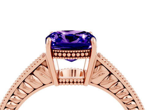 Rose gold Cushion Cut Tanzanite Engagement Ring with Milgrain Channel Set Band and Prong Setting_4