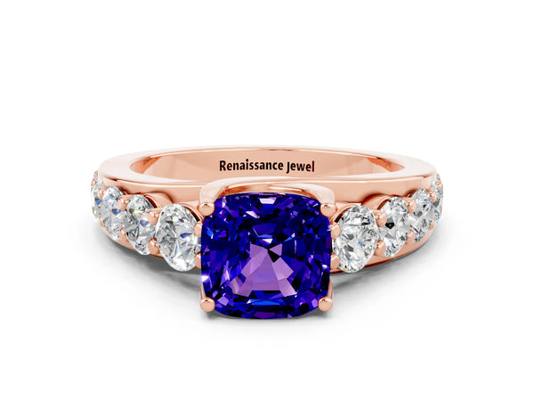 Rose gold Cushion Cut Tanzanite Engagement Ring with Pavé Band and Four-Prong Setting