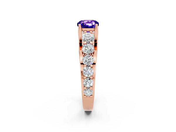 Rose gold Cushion Cut Tanzanite Engagement Ring with Pavé Band and Four-Prong Setting