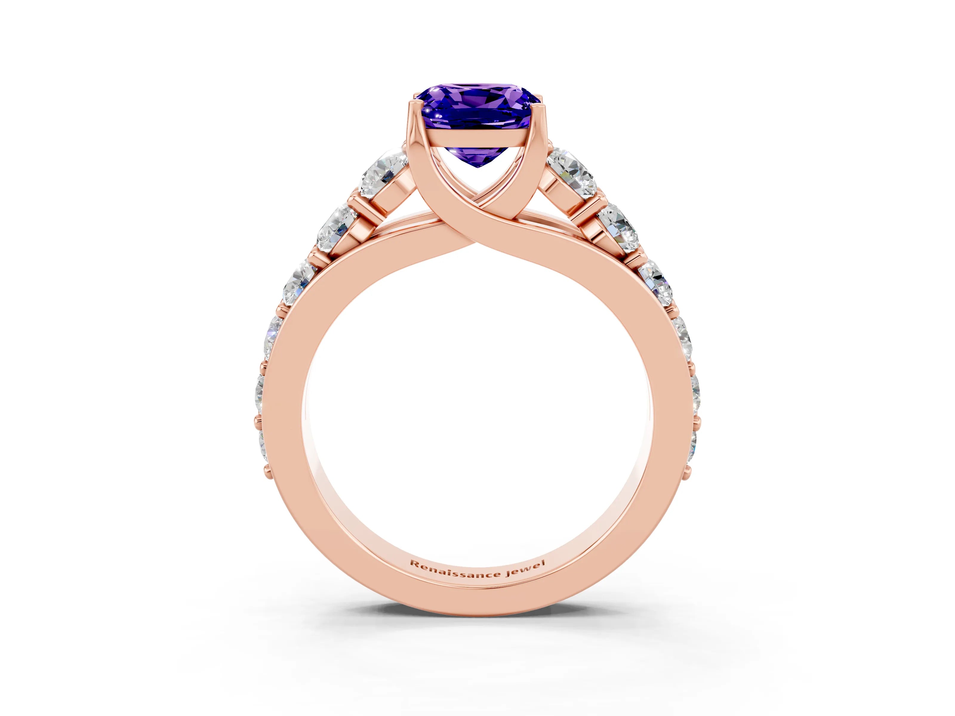 Rose gold Cushion Cut Tanzanite Engagement Ring with Pavé Band and Four-Prong Setting_3