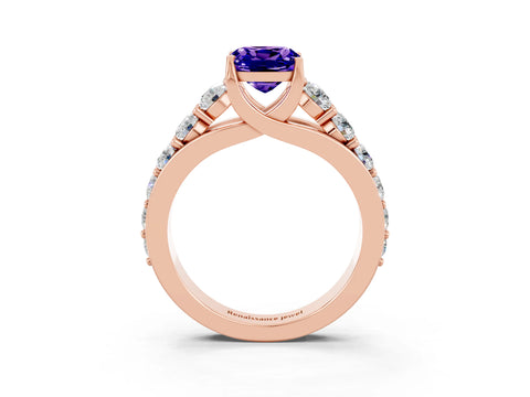 Rose gold Cushion Cut Tanzanite Engagement Ring with Pavé Band and Four-Prong Setting_3