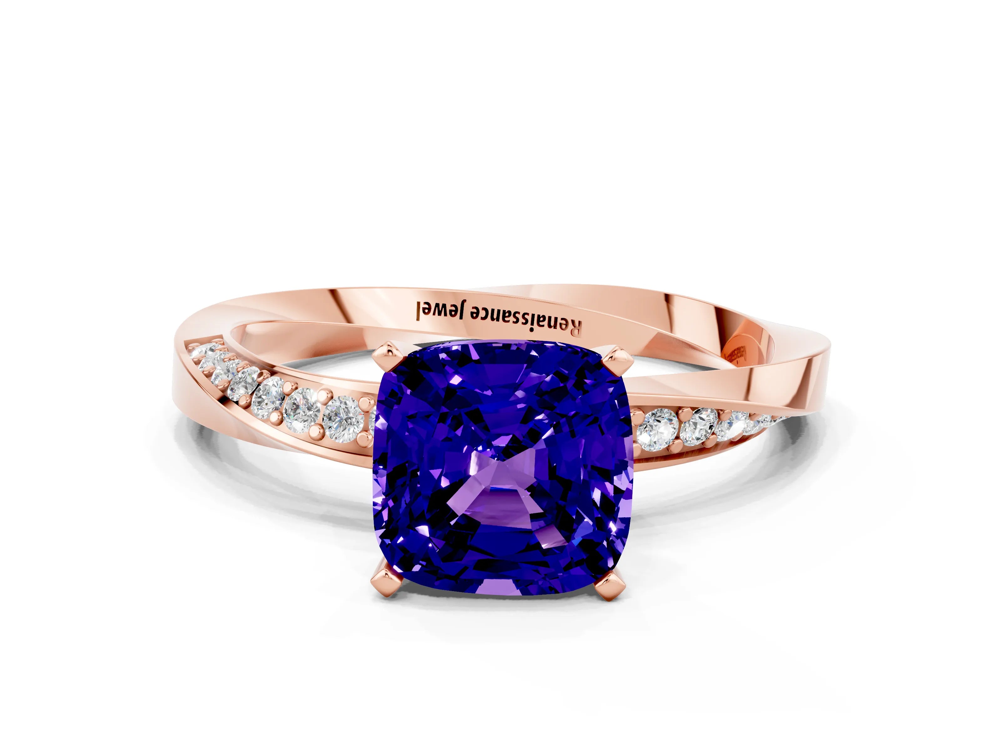 Rose gold Cushion Cut Tanzanite Engagement Ring with Side Stone Accents and Four-Prong Setting_27