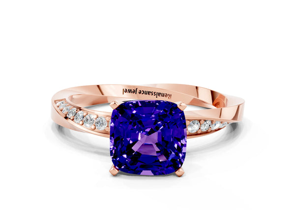 Rose gold Cushion Cut Tanzanite Engagement Ring with Side Stone Accents and Four-Prong Setting