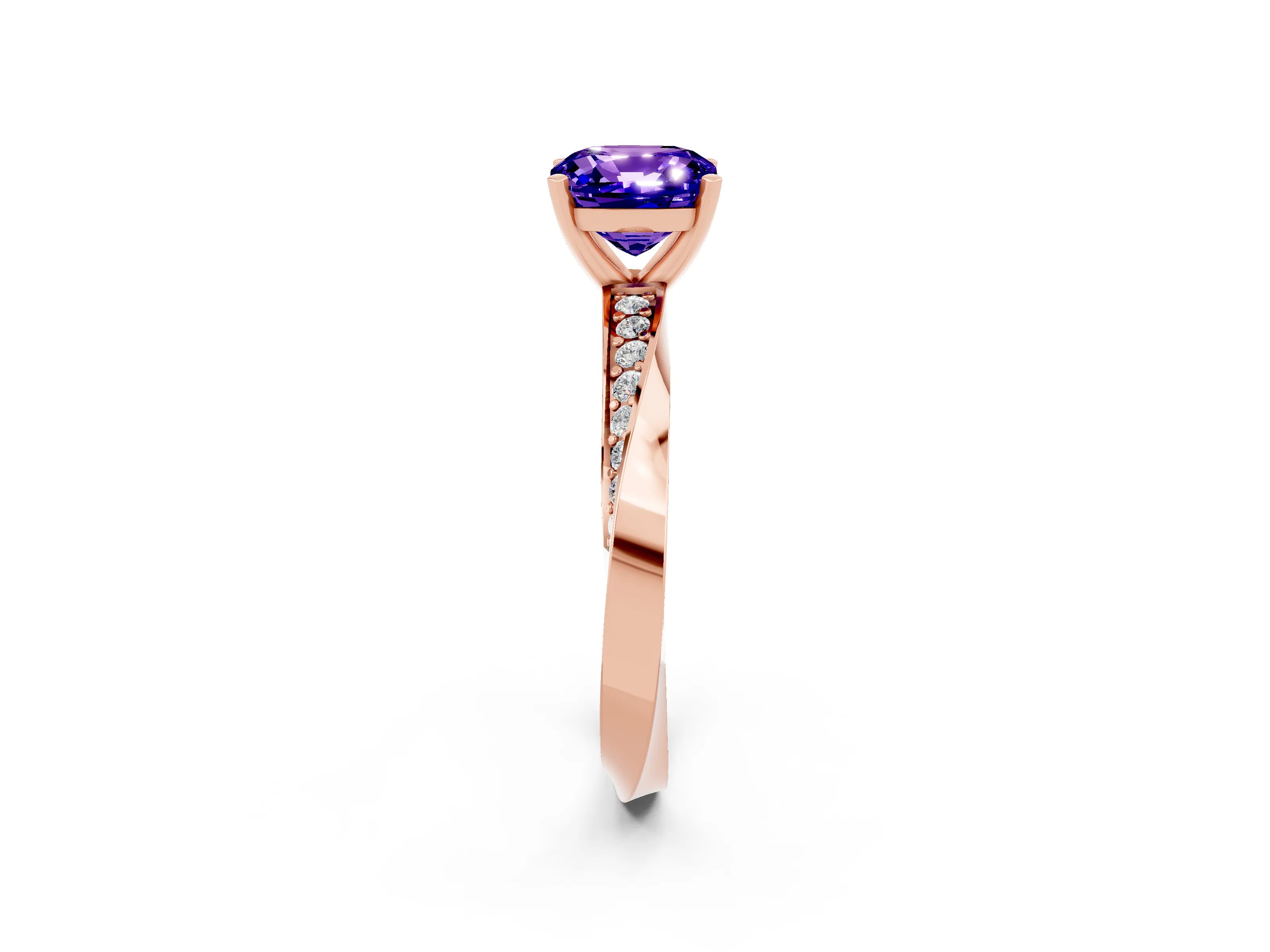 Rose gold Cushion Cut Tanzanite Engagement Ring with Side Stone Accents and Four-Prong Setting_29