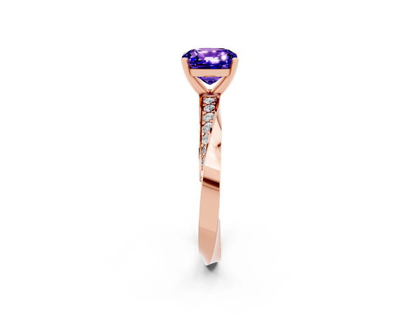 Rose gold Cushion Cut Tanzanite Engagement Ring with Side Stone Accents and Four-Prong Setting