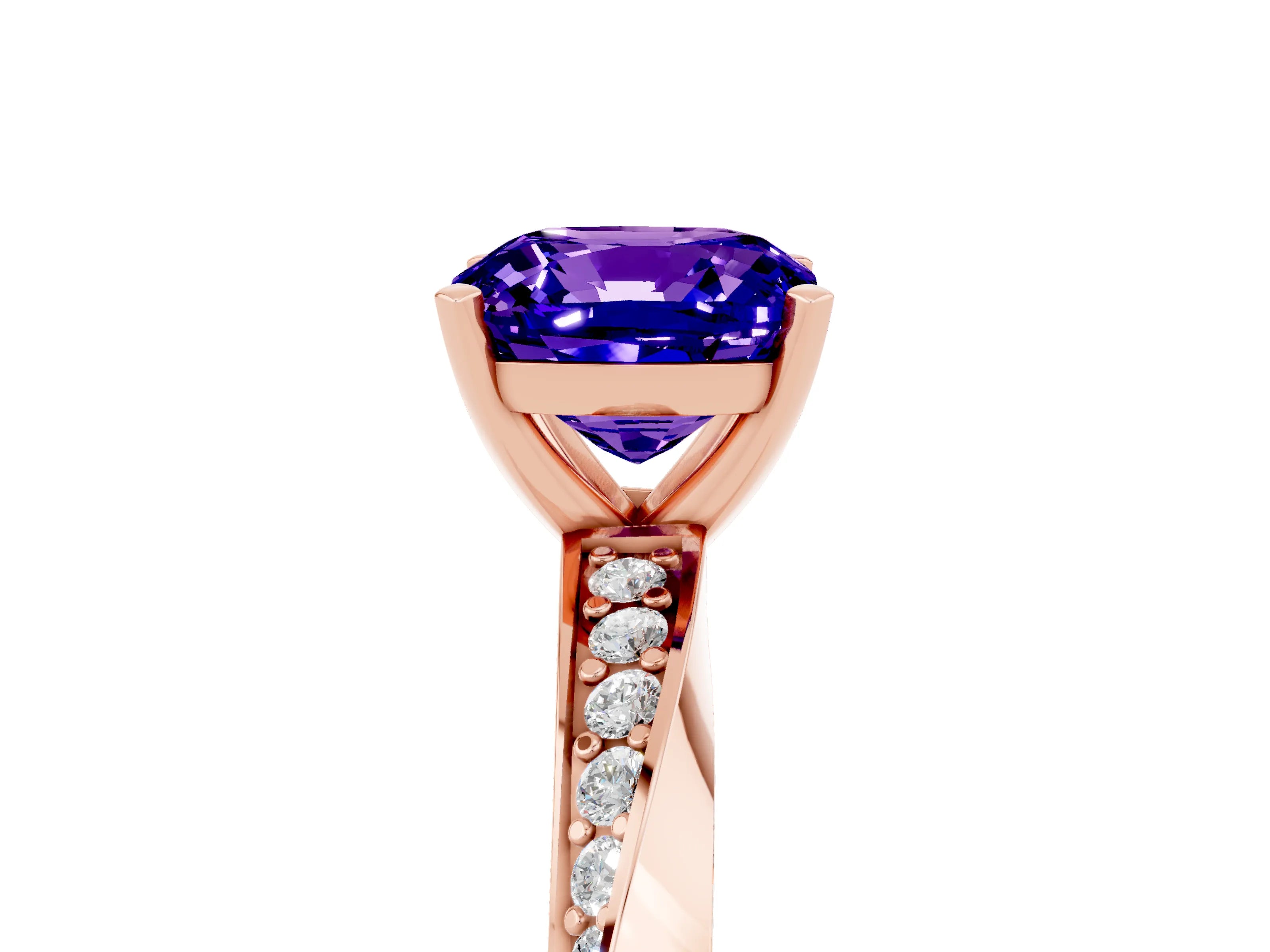 Rose gold Cushion Cut Tanzanite Engagement Ring with Side Stone Accents and Four-Prong Setting_32