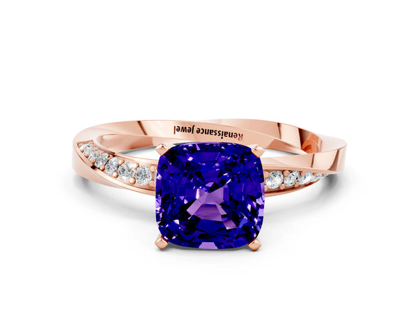 Rose gold Cushion Cut Tanzanite Engagement Ring with Side Stone Accents and Four-Prong Setting