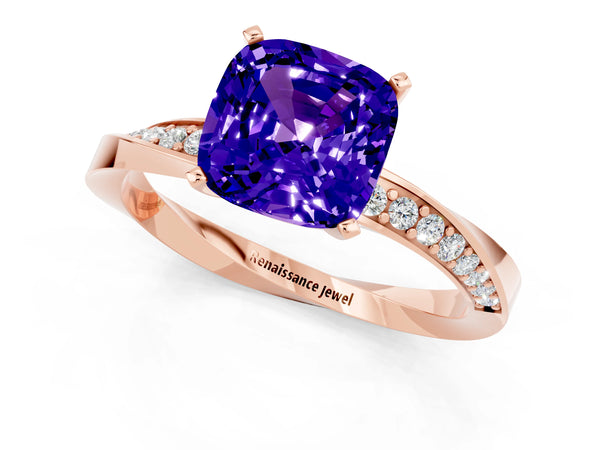 Rose gold Cushion Cut Tanzanite Engagement Ring with Side Stone Accents and Four-Prong Setting