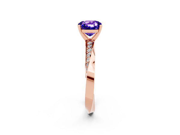 Rose gold Cushion Cut Tanzanite Engagement Ring with Side Stone Accents and Four-Prong Setting