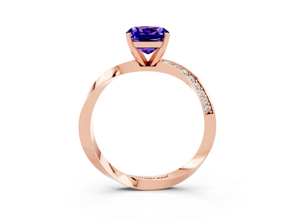 Rose gold Cushion Cut Tanzanite Engagement Ring with Side Stone Accents and Four-Prong Setting