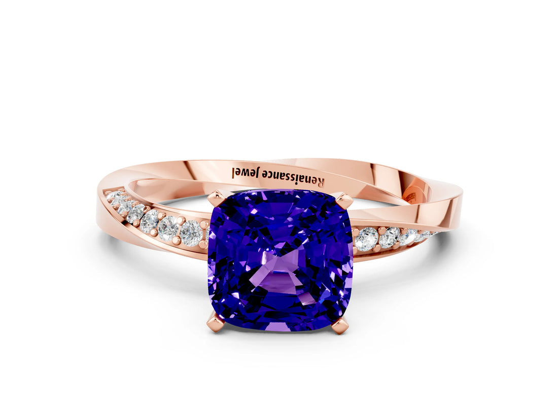 Rose gold Cushion Cut Tanzanite Engagement Ring with Side Stone Accents and Four-Prong Setting_84