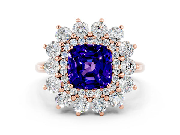 Rose gold Cushion Cut Tanzanite Floral Double Halo Engagement Ring with Prong Setting