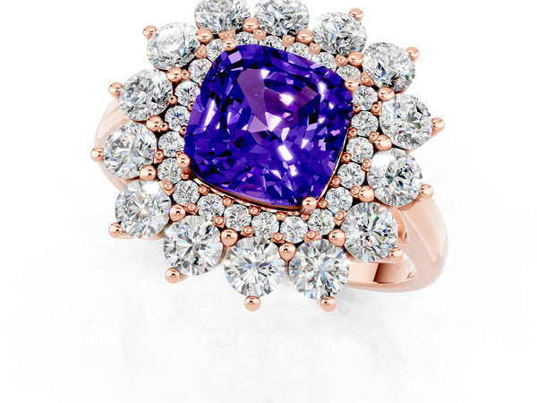 Rose gold Cushion Cut Tanzanite Floral Double Halo Engagement Ring with Prong Setting