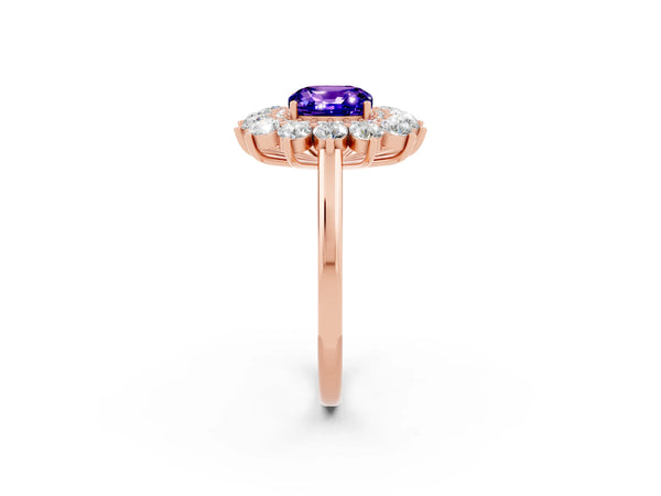 Rose gold Cushion Cut Tanzanite Floral Double Halo Engagement Ring with Prong Setting