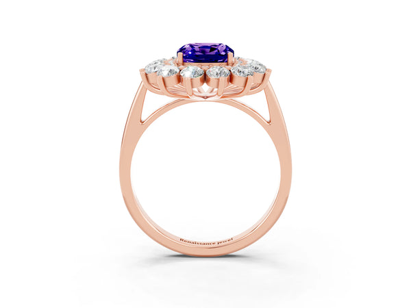 Rose gold Cushion Cut Tanzanite Floral Double Halo Engagement Ring with Prong Setting