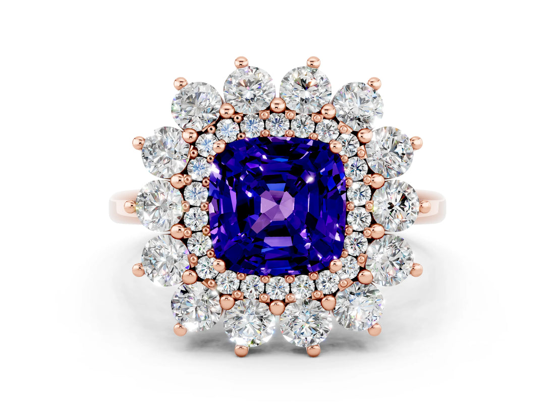 Rose gold Cushion Cut Tanzanite Floral Double Halo Engagement Ring with Prong Setting_48