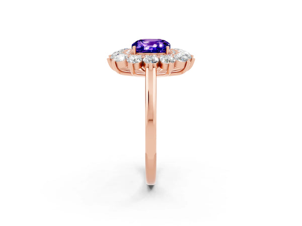 Rose gold Cushion Cut Tanzanite Floral Double Halo Engagement Ring with Prong Setting